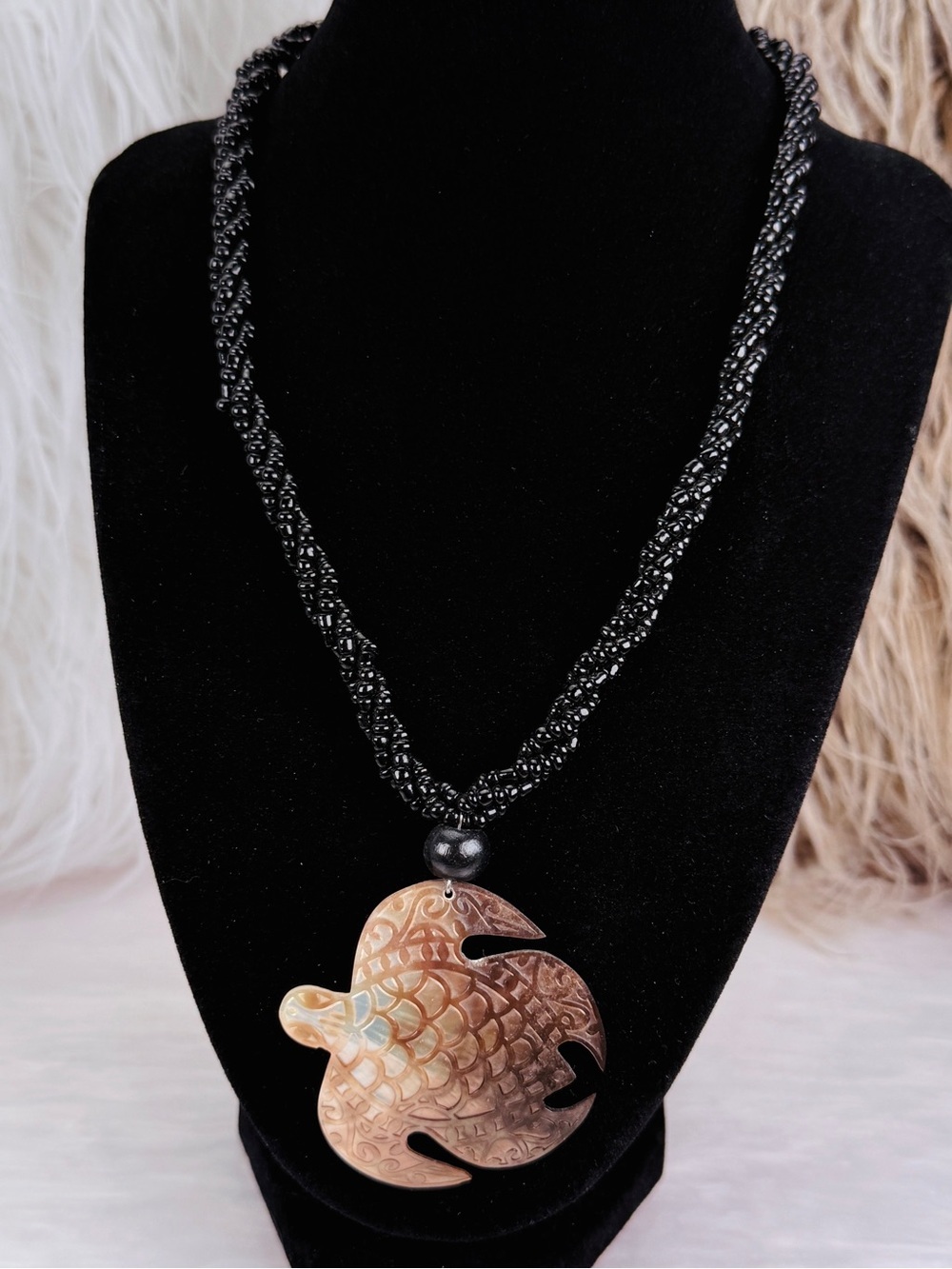 Carved Sea Turtle Shell Pendant Necklace Black Seed Bead Tropical Boho